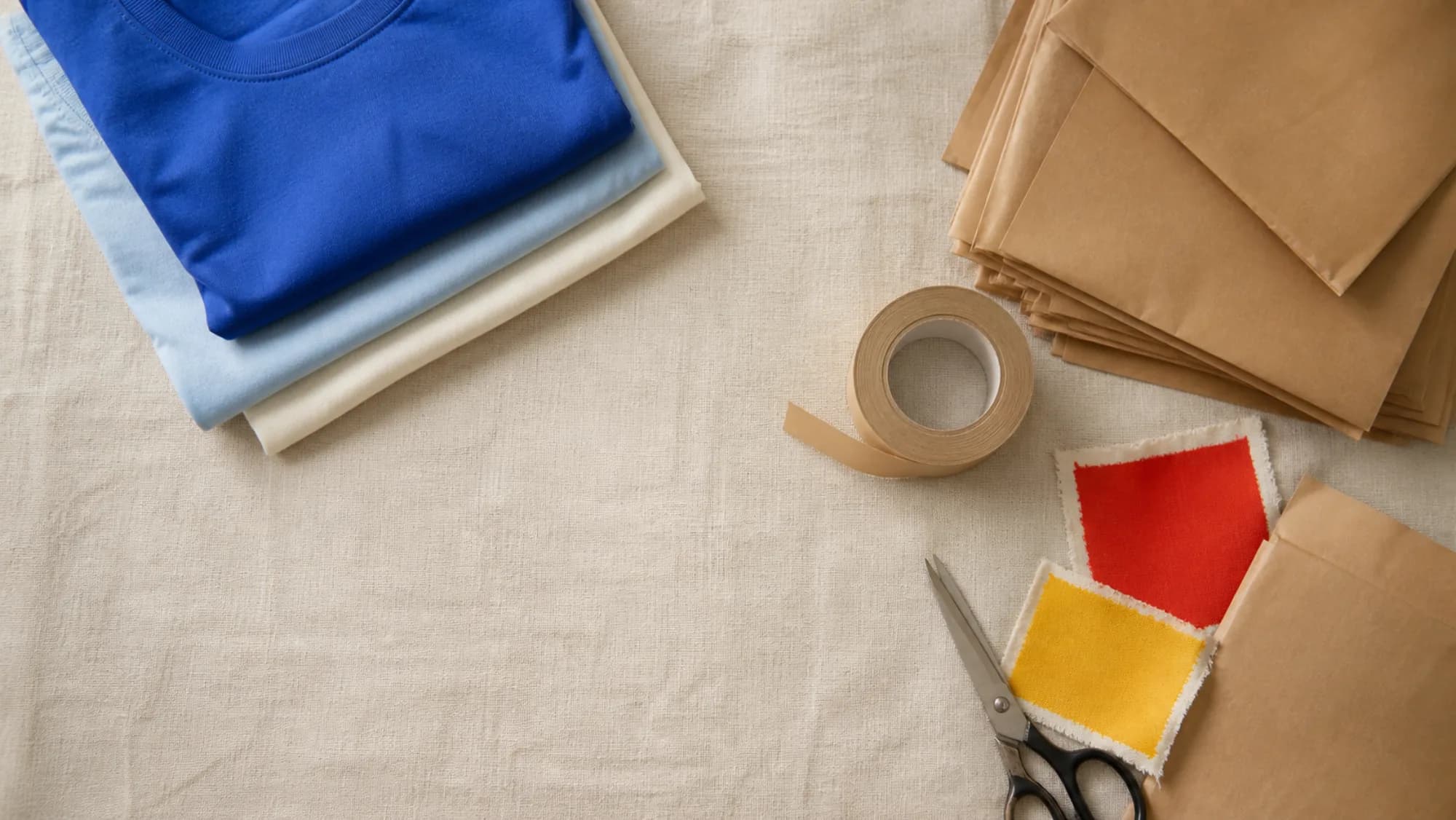 Folded blank tees, kraft mailers, tape and fabric colour swatches laid out on linen.